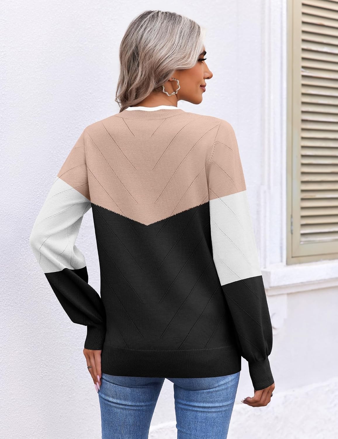 image:imageEkouaer Womens Fall V Neck Sweaters Knit Lightweight Long Sleeve Tops 2026Black Khaki