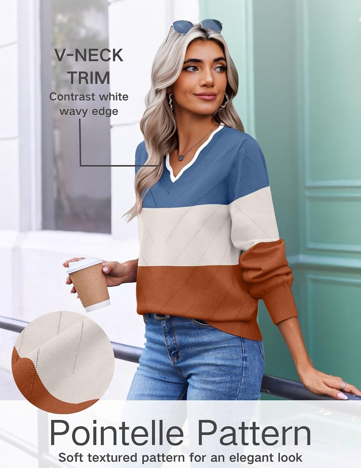 image:imageEkouaer Womens Fall V Neck Sweaters Knit Lightweight Long Sleeve Tops 2026Blue Terracotta