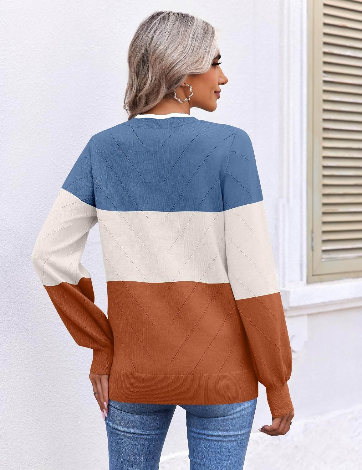 image:imageEkouaer Womens Fall V Neck Sweaters Knit Lightweight Long Sleeve Tops 2026Blue Terracotta