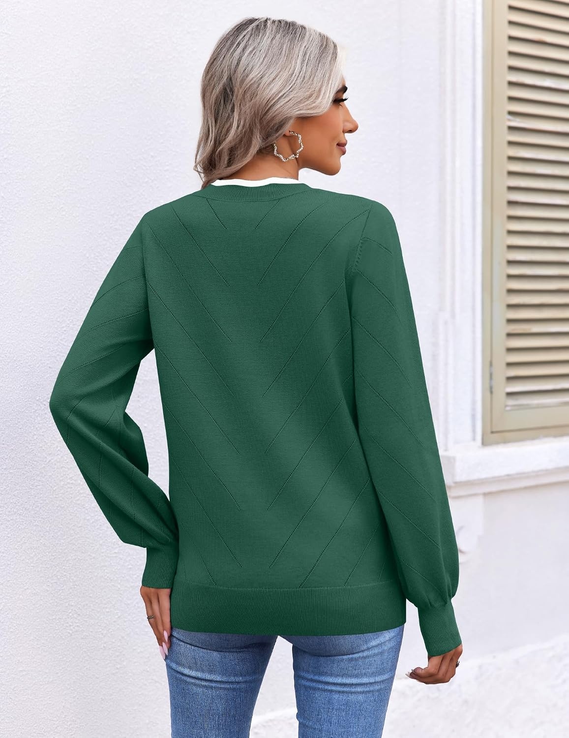image:imageEkouaer Womens Fall V Neck Sweaters Knit Lightweight Long Sleeve Tops 2026Dark Green
