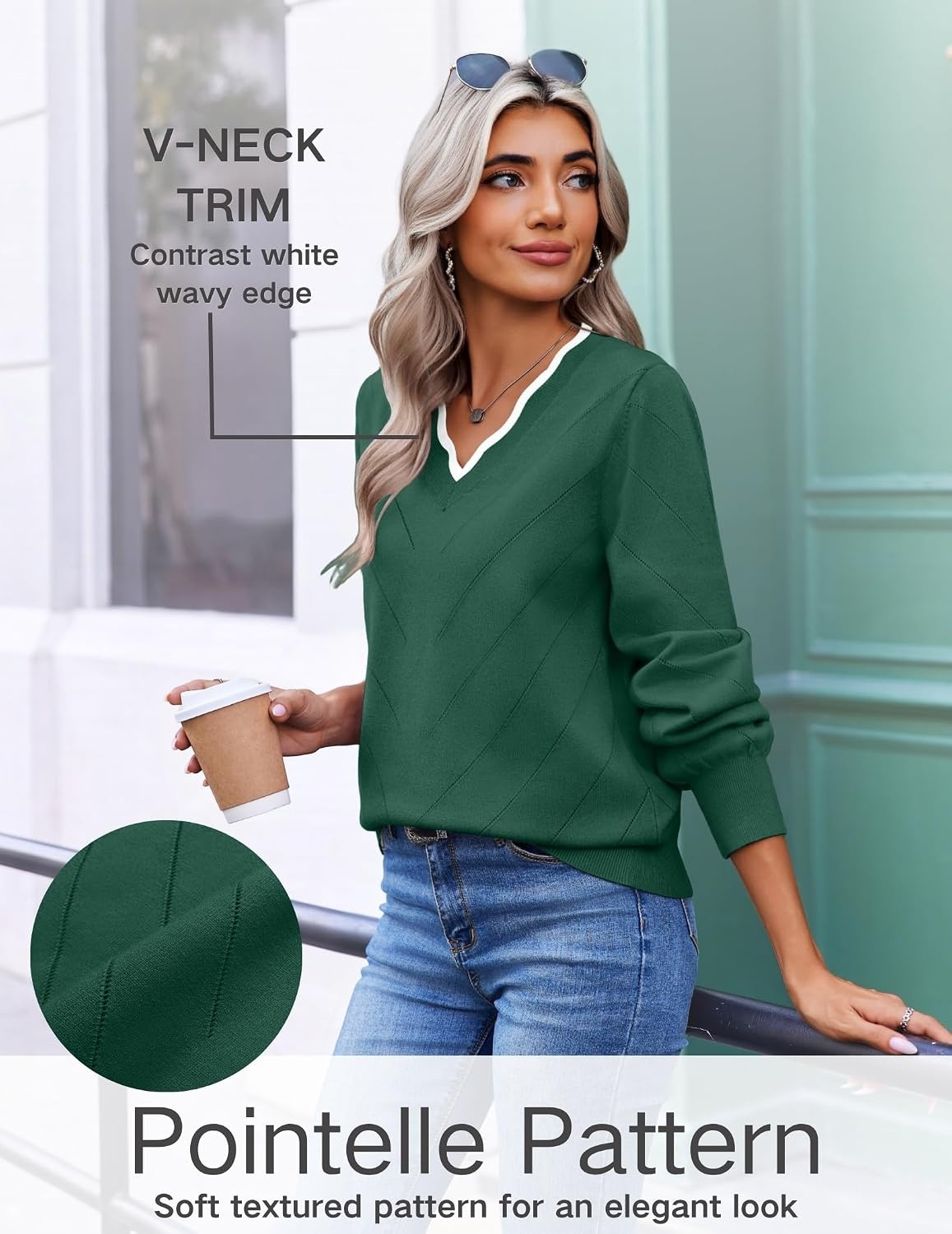 image:imageEkouaer Womens Fall V Neck Sweaters Knit Lightweight Long Sleeve Tops 2026Dark Green