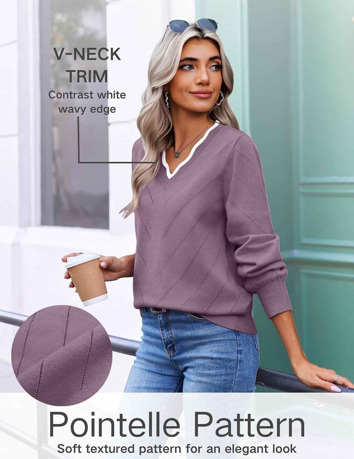 image:imageEkouaer Womens Fall V Neck Sweaters Knit Lightweight Long Sleeve Tops 2026Grey Purple