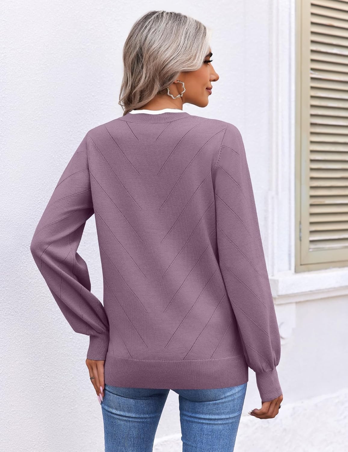 image:imageEkouaer Womens Fall V Neck Sweaters Knit Lightweight Long Sleeve Tops 2026Grey Purple