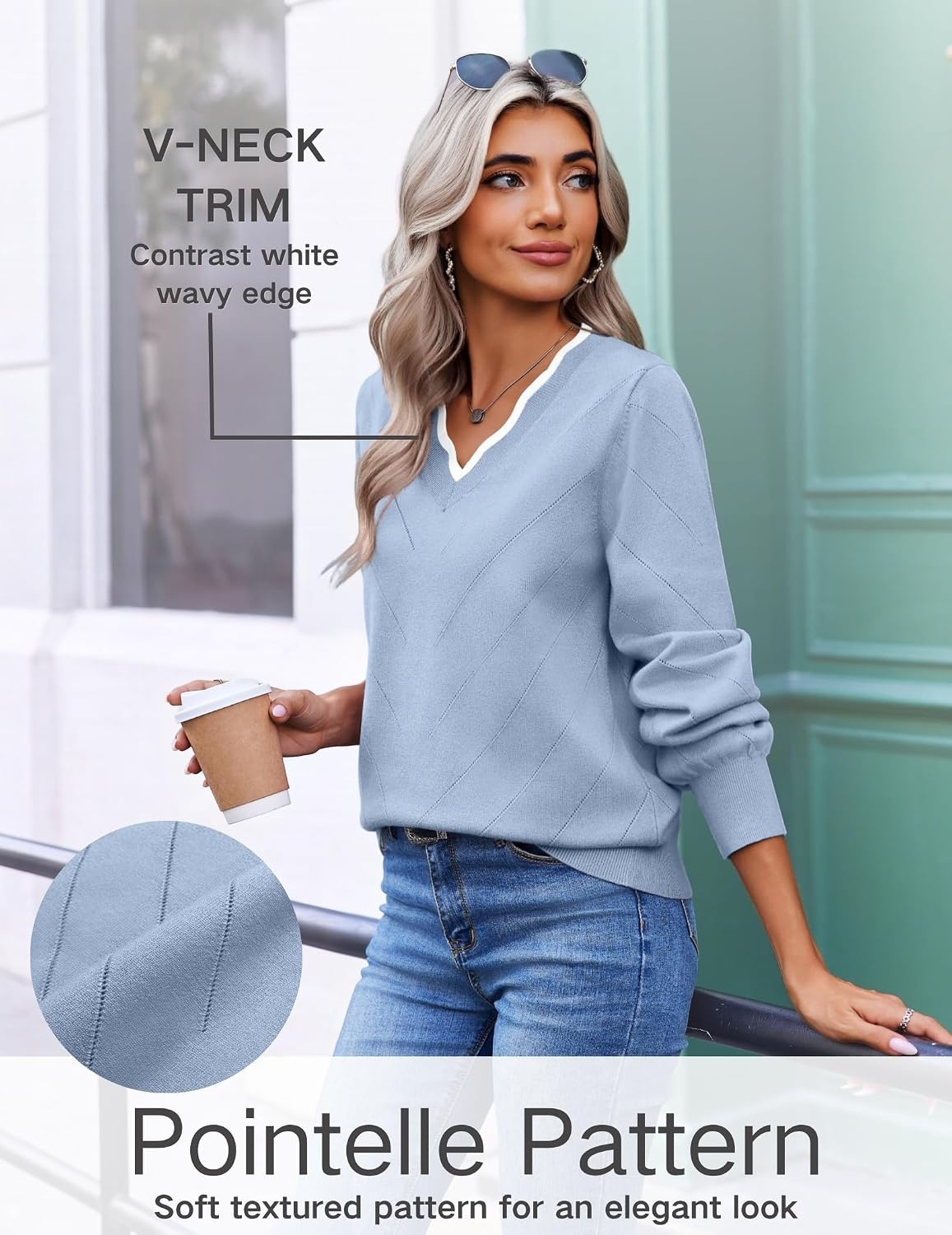 image:imageEkouaer Womens Fall V Neck Sweaters Knit Lightweight Long Sleeve Tops 2026Light Blue