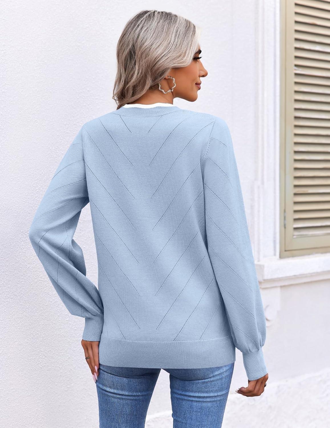 image:imageEkouaer Womens Fall V Neck Sweaters Knit Lightweight Long Sleeve Tops 2026Light Blue
