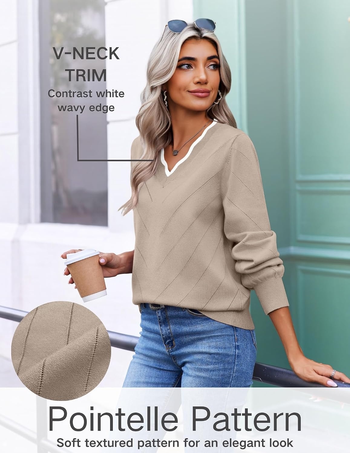 image:imageEkouaer Womens Fall V Neck Sweaters Knit Lightweight Long Sleeve Tops 2026Light Khaki