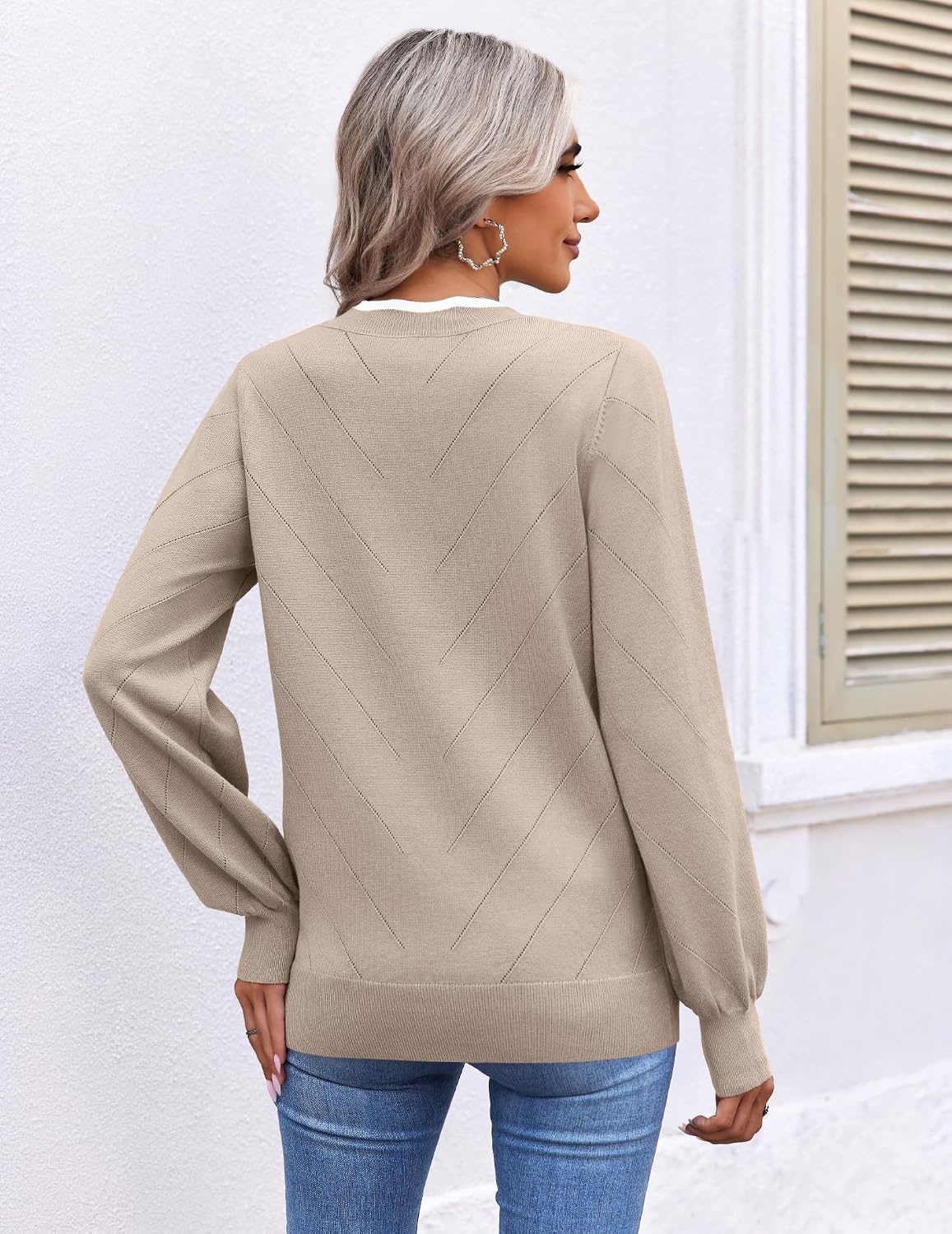 image:imageEkouaer Womens Fall V Neck Sweaters Knit Lightweight Long Sleeve Tops 2026Light Khaki
