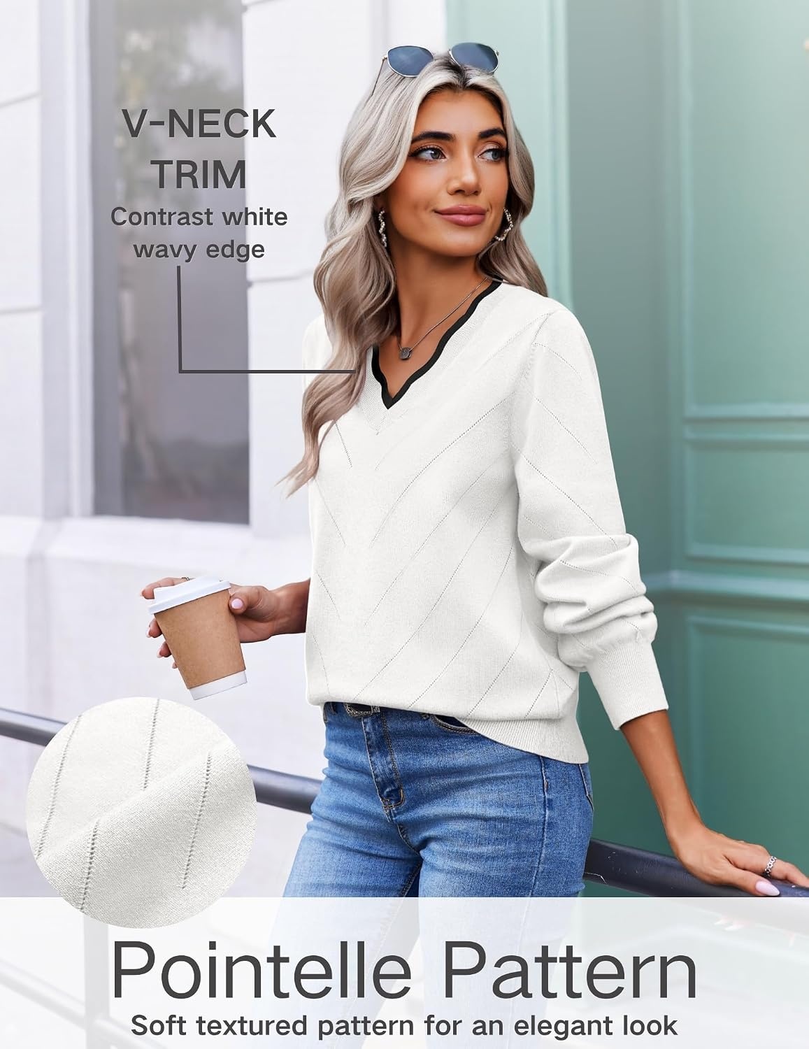 image:imageEkouaer Womens Fall V Neck Sweaters Knit Lightweight Long Sleeve Tops 2026White