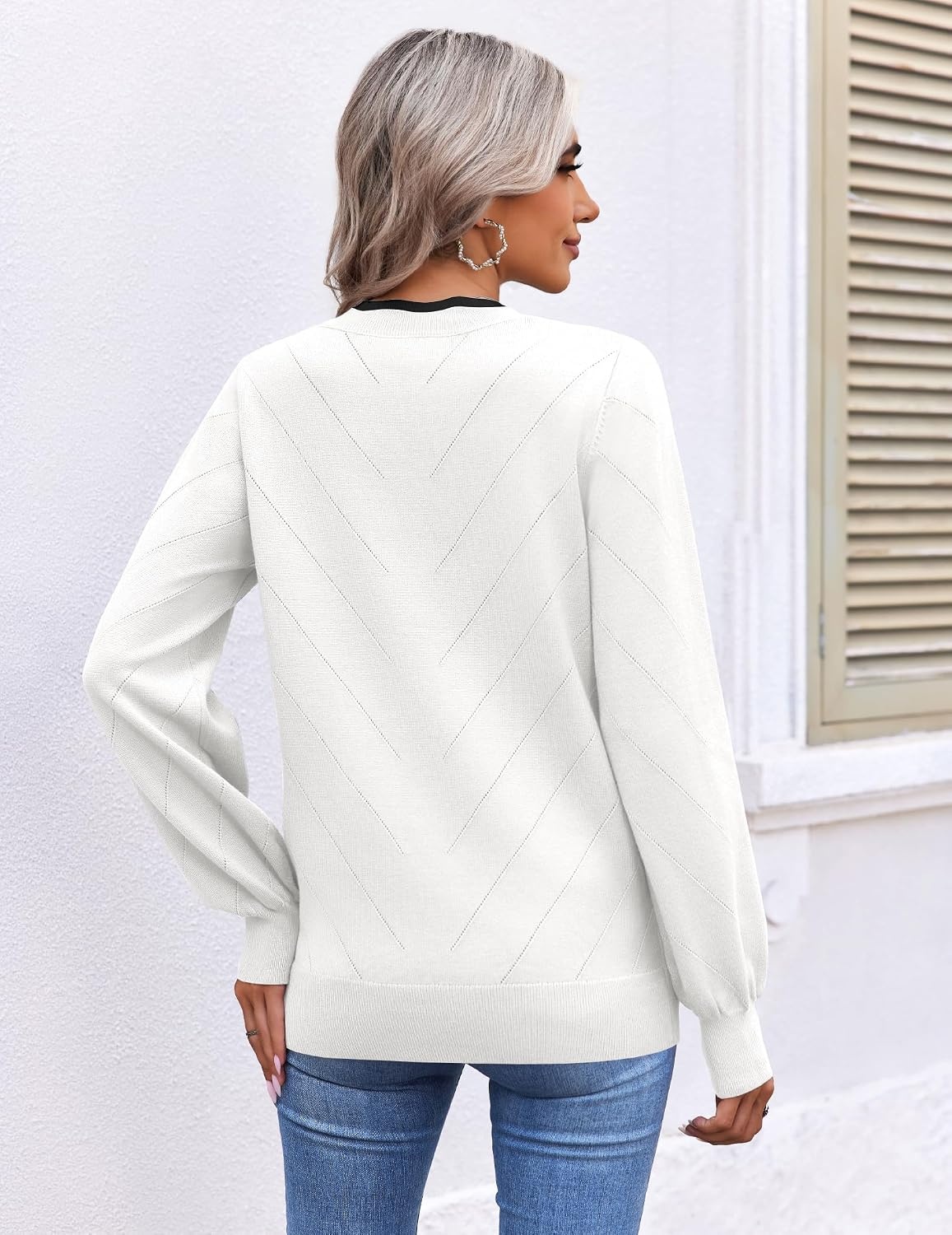 image:imageEkouaer Womens Fall V Neck Sweaters Knit Lightweight Long Sleeve Tops 2026White