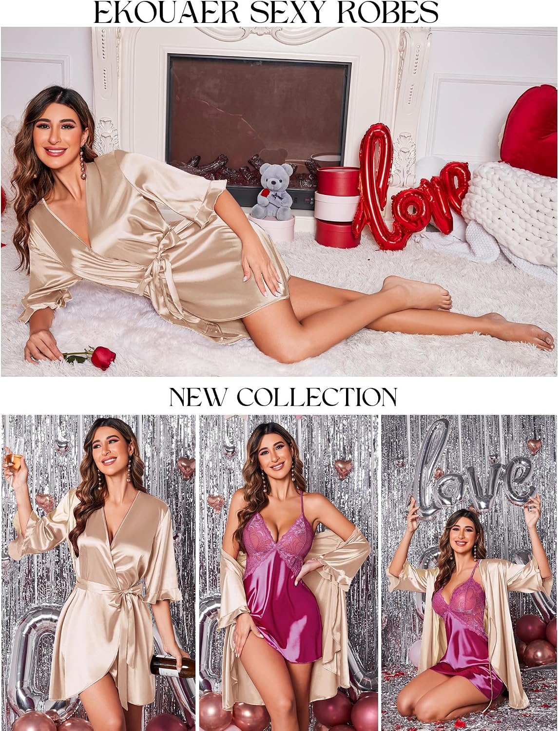 image:imageEkouaer Womens Satin Robe Kimono Bathrobe Short Ruffle Sleeve Silk Robes01champagne