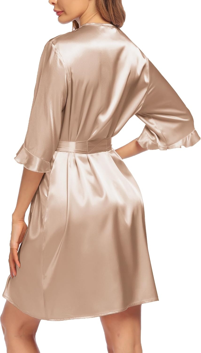 image:imageEkouaer Womens Satin Robe Kimono Bathrobe Short Ruffle Sleeve Silk Robes01champagne
