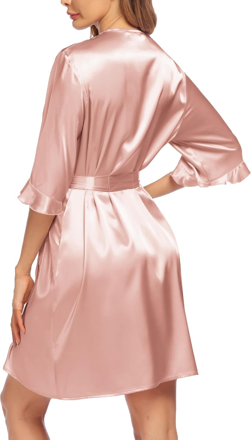 image:imageEkouaer Womens Satin Robe Kimono Bathrobe Short Ruffle Sleeve Silk Robes01pastel Pink