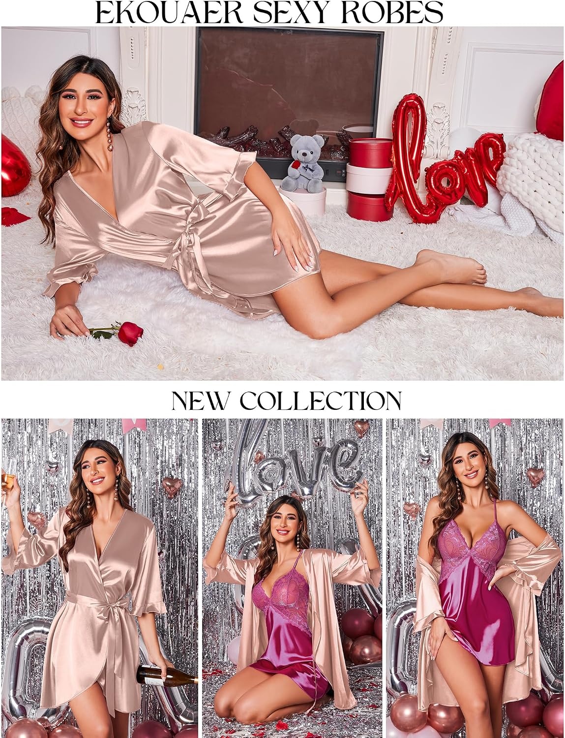 image:imageEkouaer Womens Satin Robe Kimono Bathrobe Short Ruffle Sleeve Silk Robes01pastel Pink