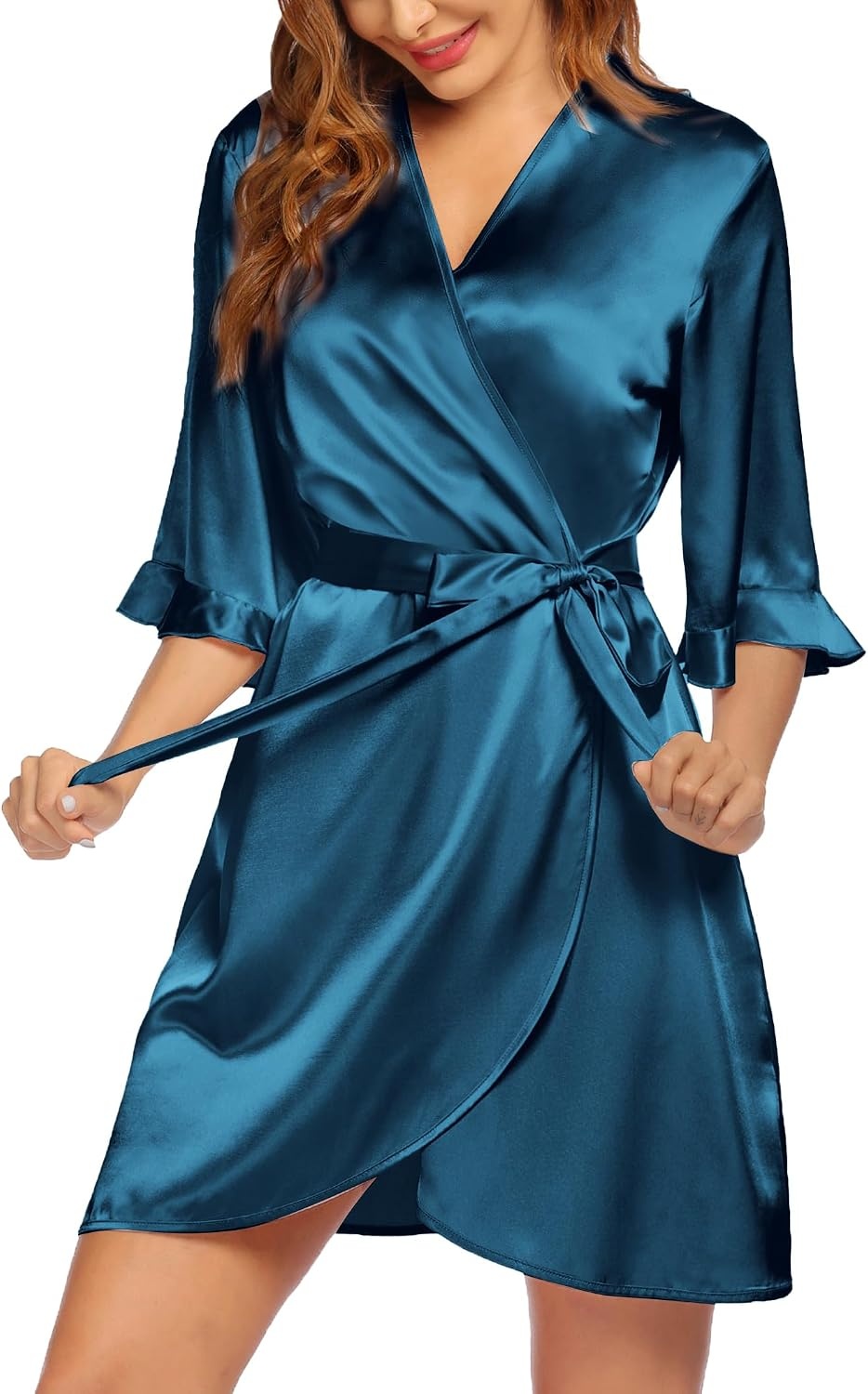image:imageEkouaer Womens Satin Robe Kimono Bathrobe Short Ruffle Sleeve Silk RobesBlue Green