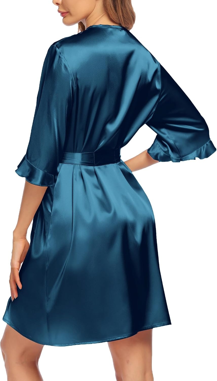 image:imageEkouaer Womens Satin Robe Kimono Bathrobe Short Ruffle Sleeve Silk RobesBlue Green