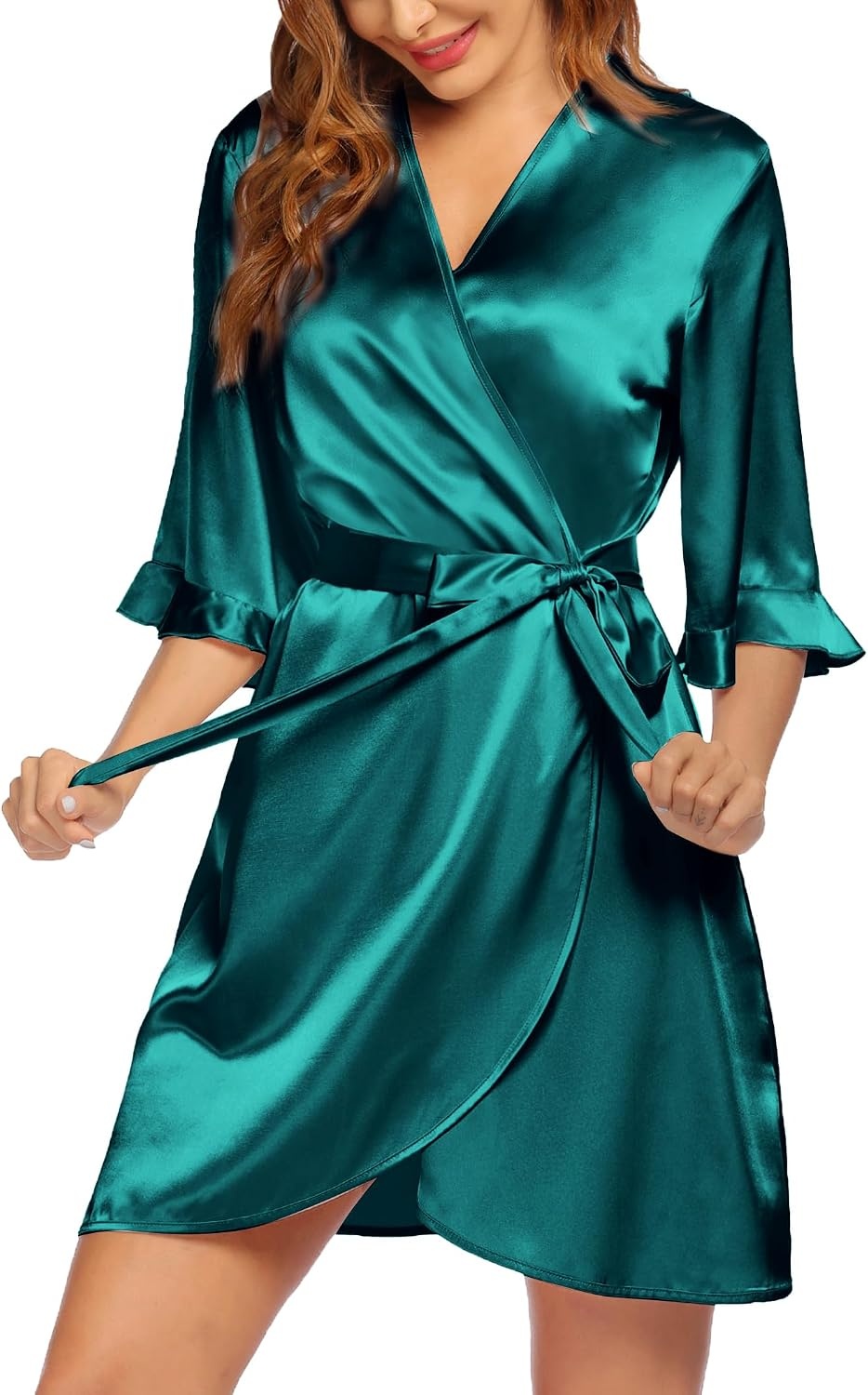image:imageEkouaer Womens Satin Robe Kimono Bathrobe Short Ruffle Sleeve Silk RobesDark Green