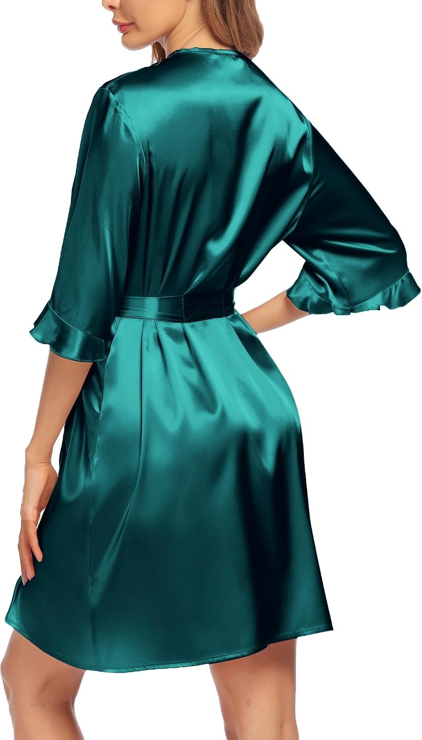 image:imageEkouaer Womens Satin Robe Kimono Bathrobe Short Ruffle Sleeve Silk RobesDark Green