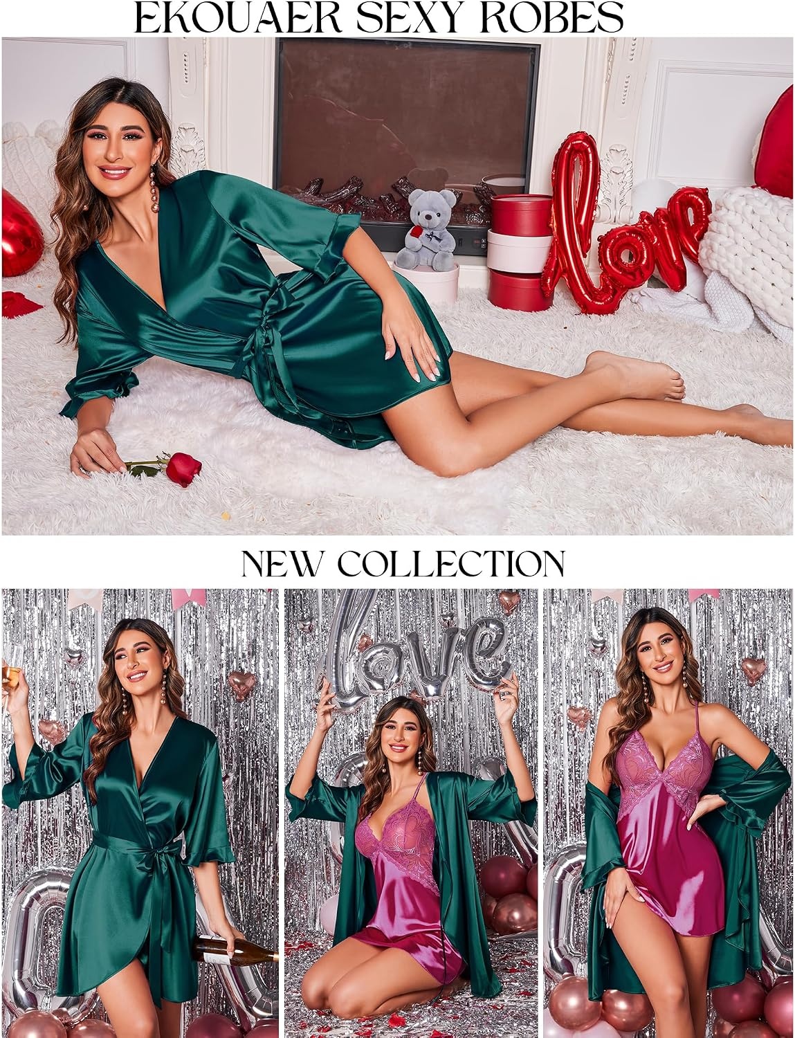 image:imageEkouaer Womens Satin Robe Kimono Bathrobe Short Ruffle Sleeve Silk RobesDark Green