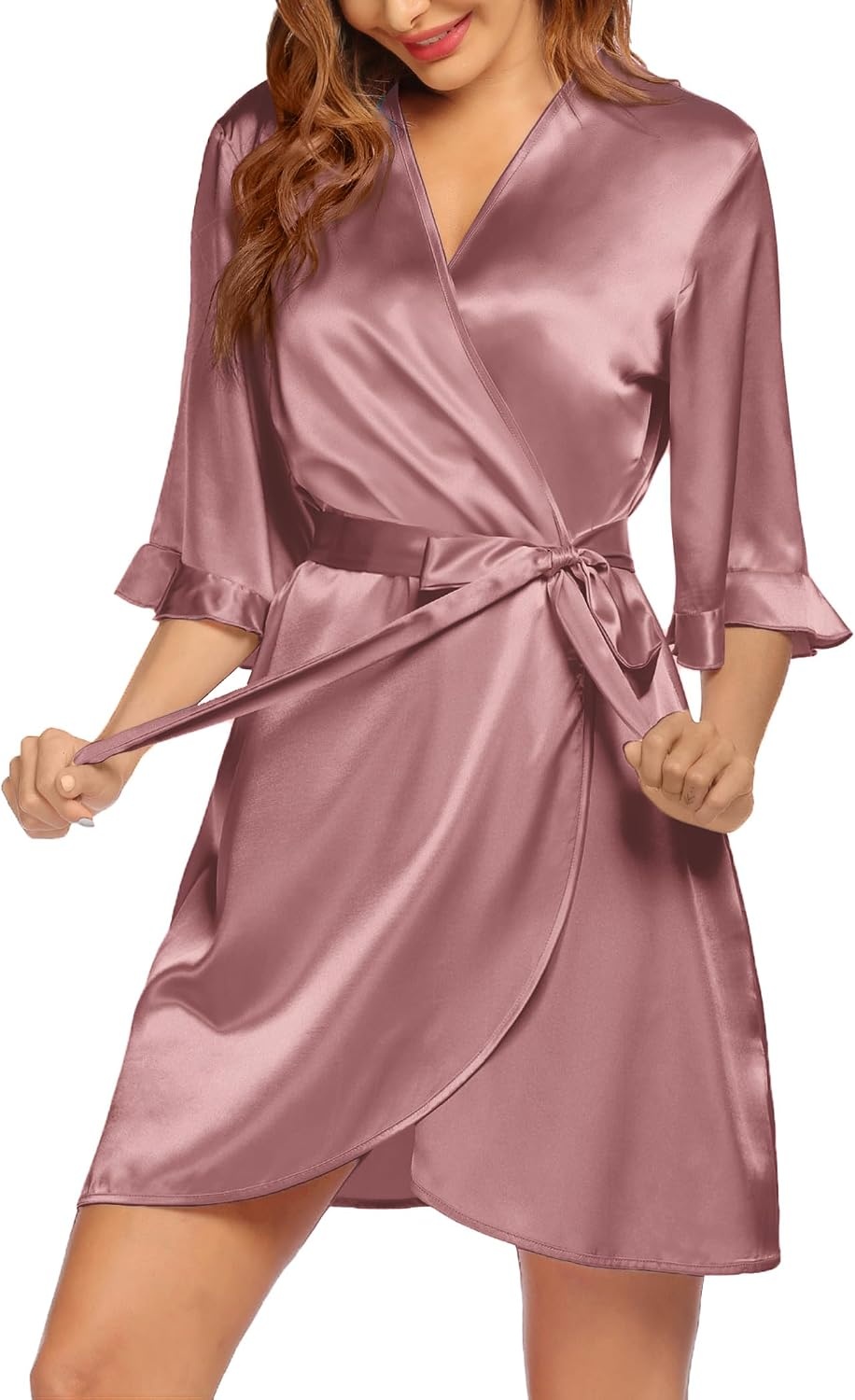 image:imageEkouaer Womens Satin Robe Kimono Bathrobe Short Ruffle Sleeve Silk RobesGray Purple