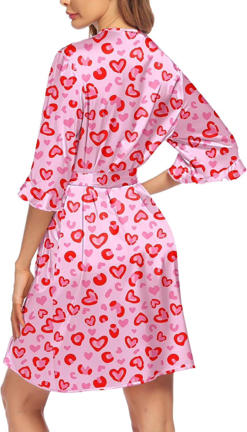 image:imageEkouaer Womens Satin Robe Kimono Bathrobe Short Ruffle Sleeve Silk RobesLeopard Heart