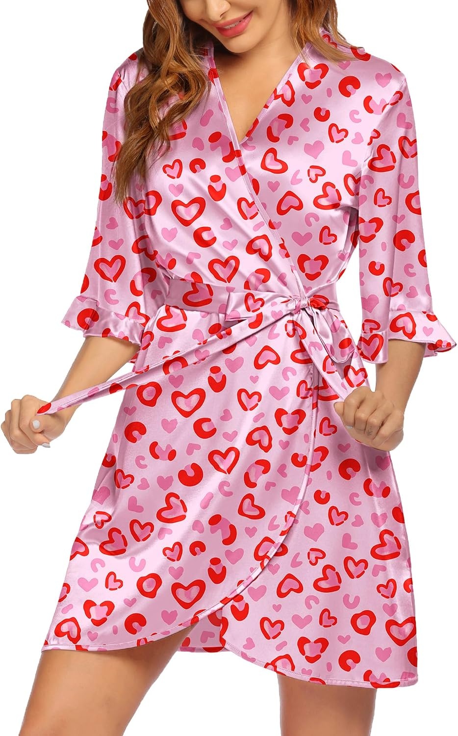 image:imageEkouaer Womens Satin Robe Kimono Bathrobe Short Ruffle Sleeve Silk RobesLeopard Heart