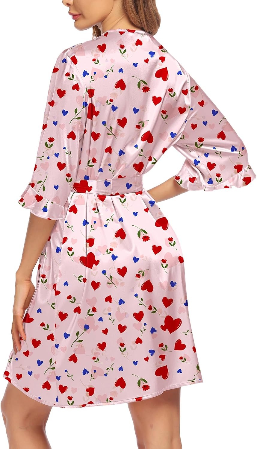image:imageEkouaer Womens Satin Robe Kimono Bathrobe Short Ruffle Sleeve Silk RobesLove Rose