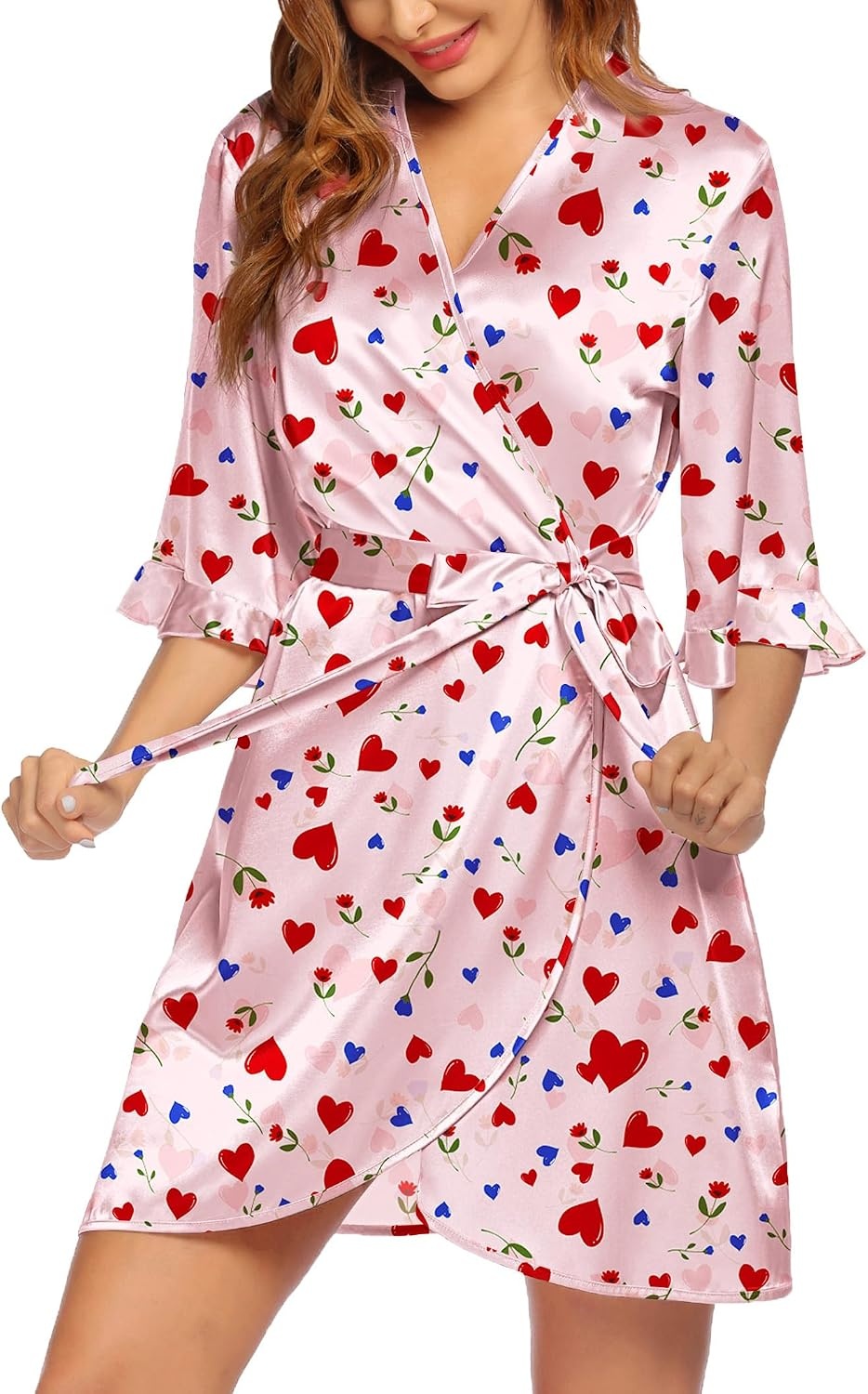 image:imageEkouaer Womens Satin Robe Kimono Bathrobe Short Ruffle Sleeve Silk RobesLove Rose
