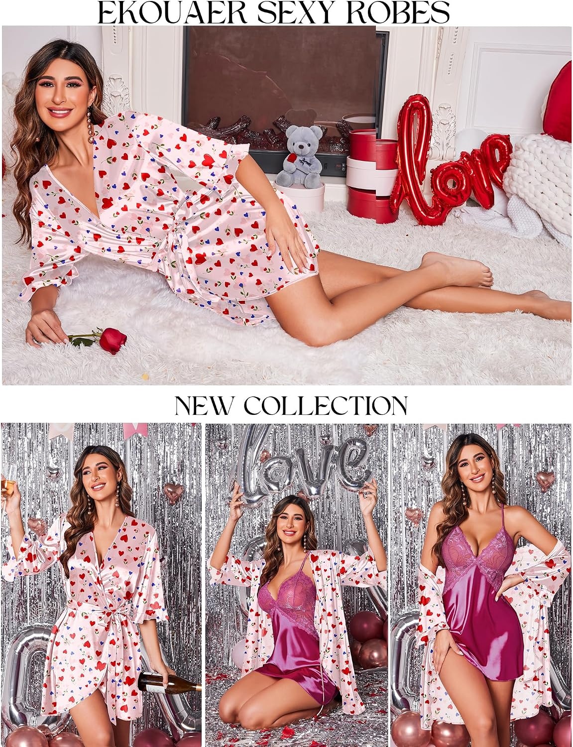 image:imageEkouaer Womens Satin Robe Kimono Bathrobe Short Ruffle Sleeve Silk RobesLove Rose