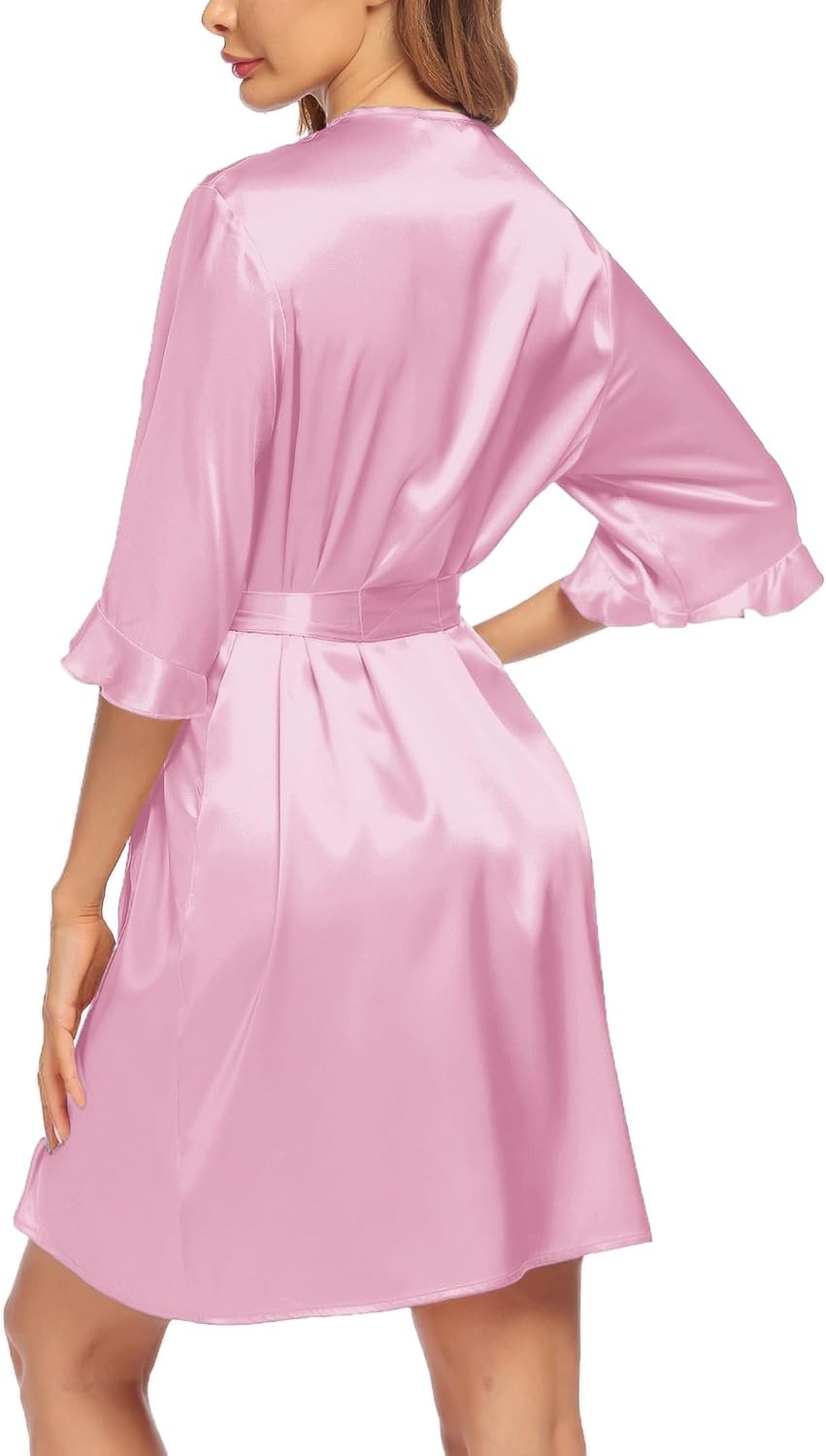 image:imageEkouaer Womens Satin Robe Kimono Bathrobe Short Ruffle Sleeve Silk RobesMisty Rose