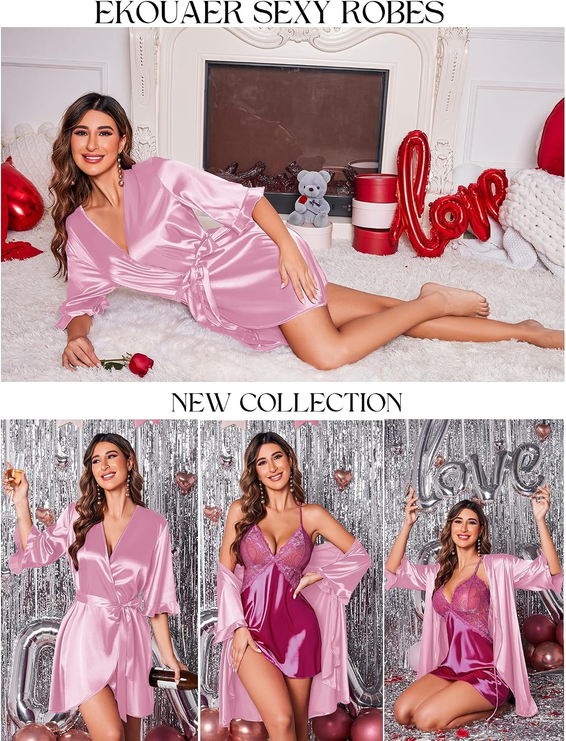 image:imageEkouaer Womens Satin Robe Kimono Bathrobe Short Ruffle Sleeve Silk RobesMisty Rose