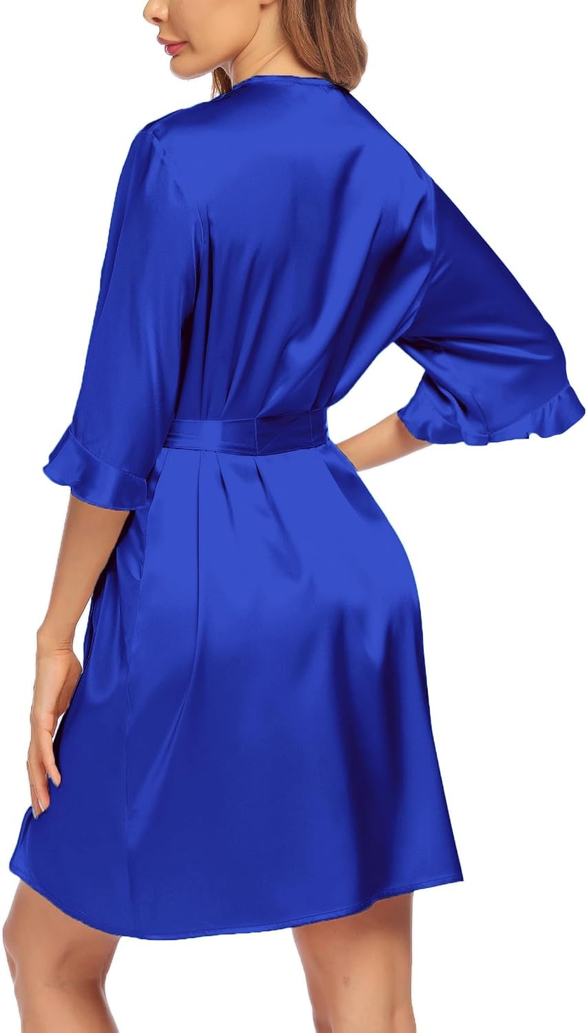 image:imageEkouaer Womens Satin Robe Kimono Bathrobe Short Ruffle Sleeve Silk RobesRoyal Blue