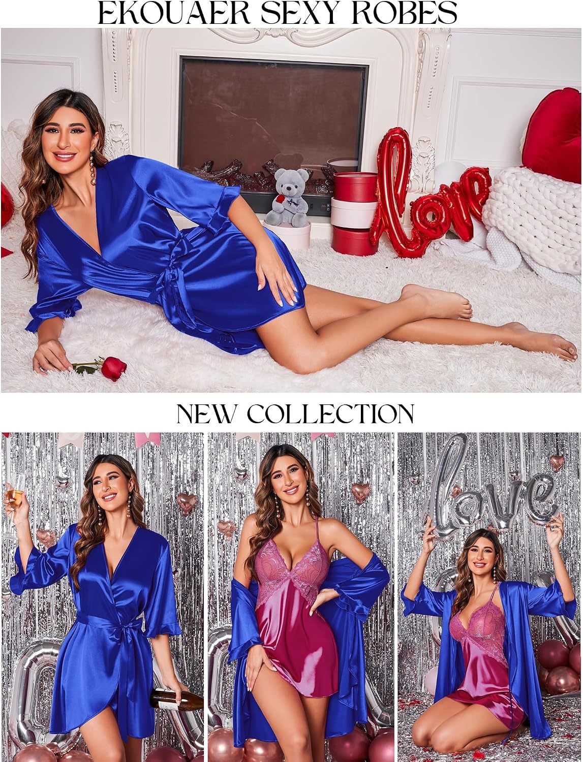 image:imageEkouaer Womens Satin Robe Kimono Bathrobe Short Ruffle Sleeve Silk RobesRoyal Blue
