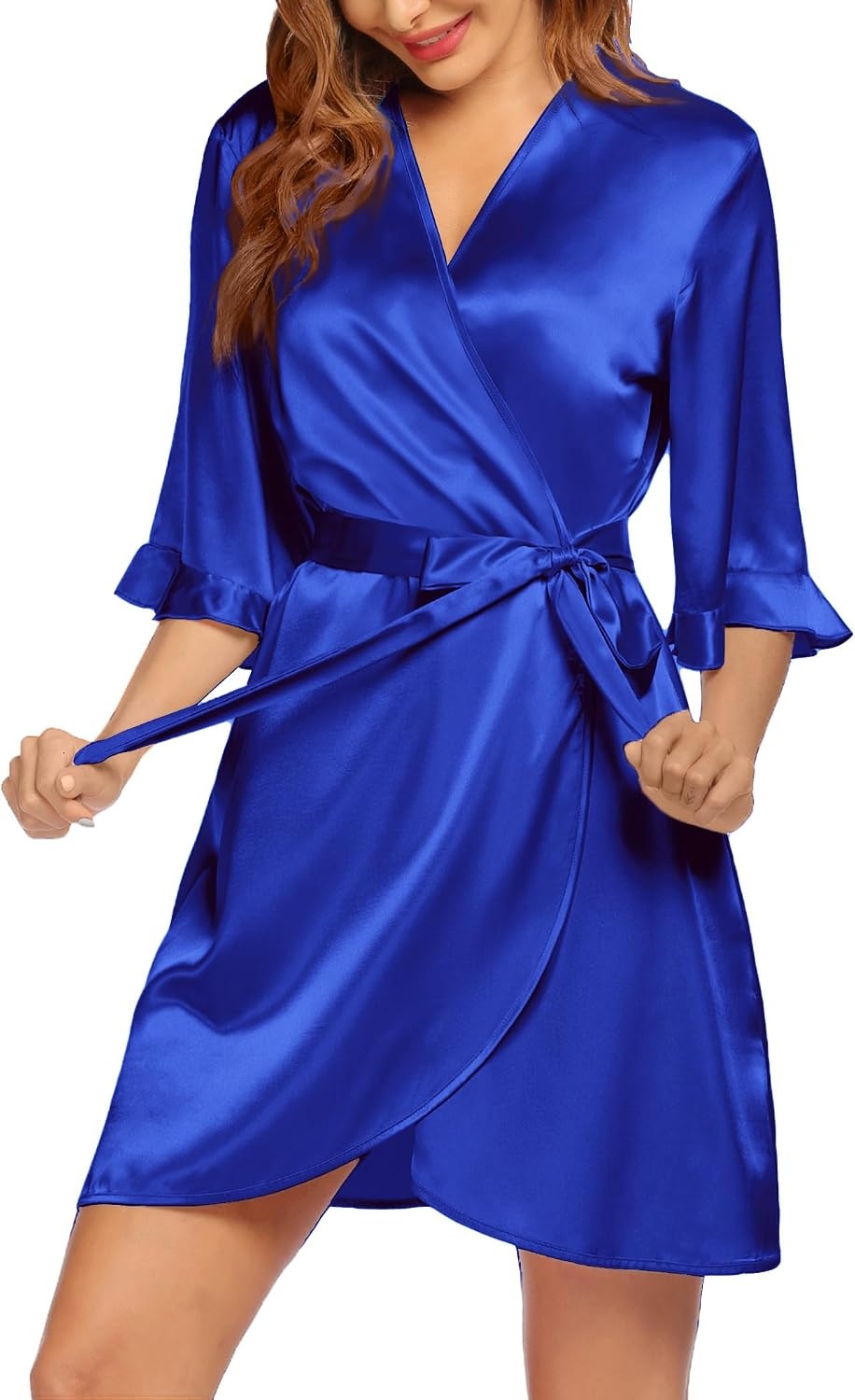 image:imageEkouaer Womens Satin Robe Kimono Bathrobe Short Ruffle Sleeve Silk RobesRoyal Blue