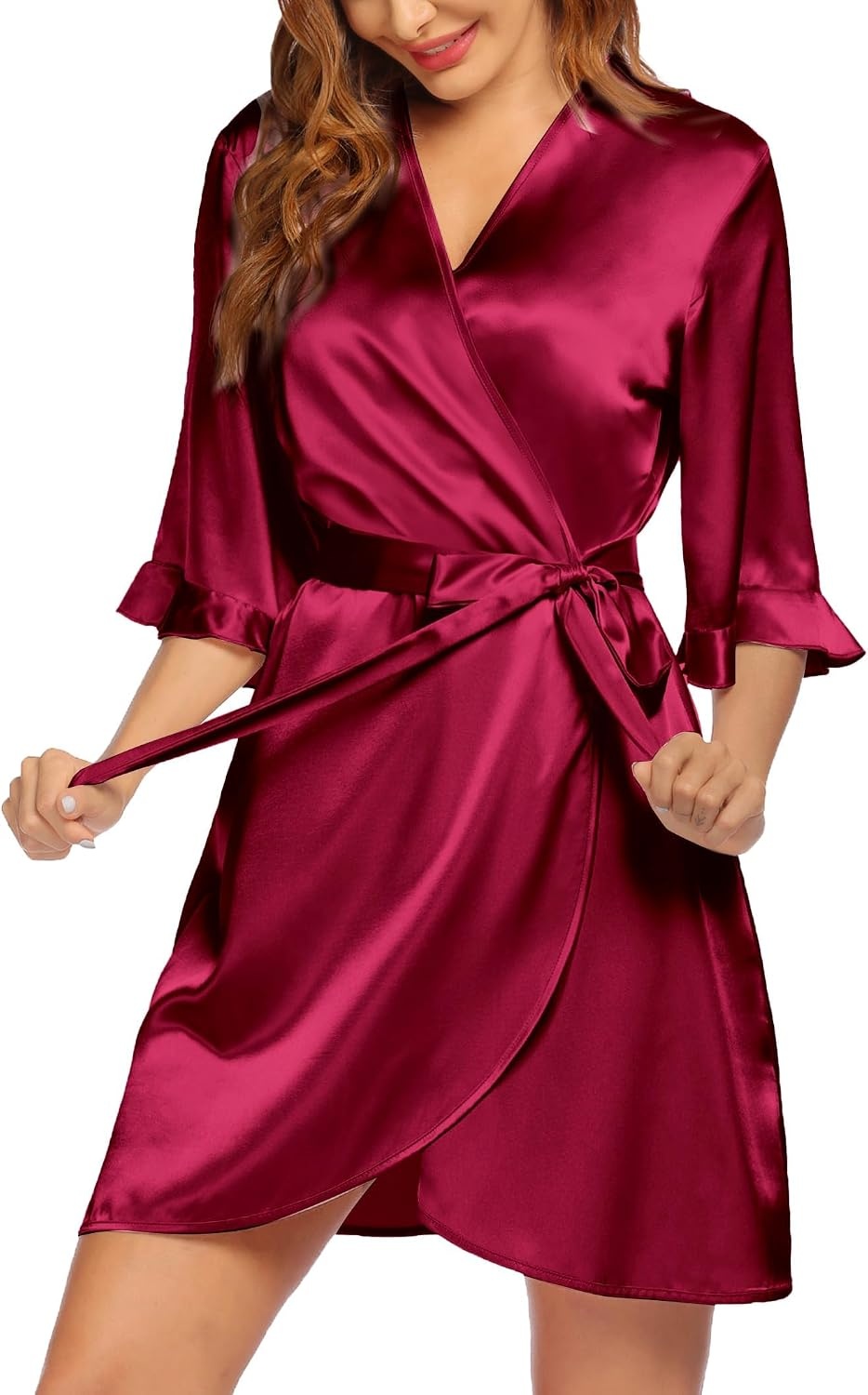 image:imageEkouaer Womens Satin Robe Kimono Bathrobe Short Ruffle Sleeve Silk RobesWine Red1