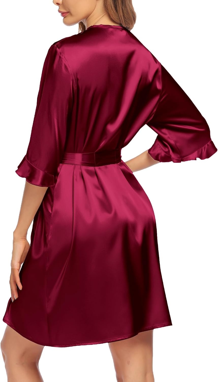 image:imageEkouaer Womens Satin Robe Kimono Bathrobe Short Ruffle Sleeve Silk RobesWine Red1