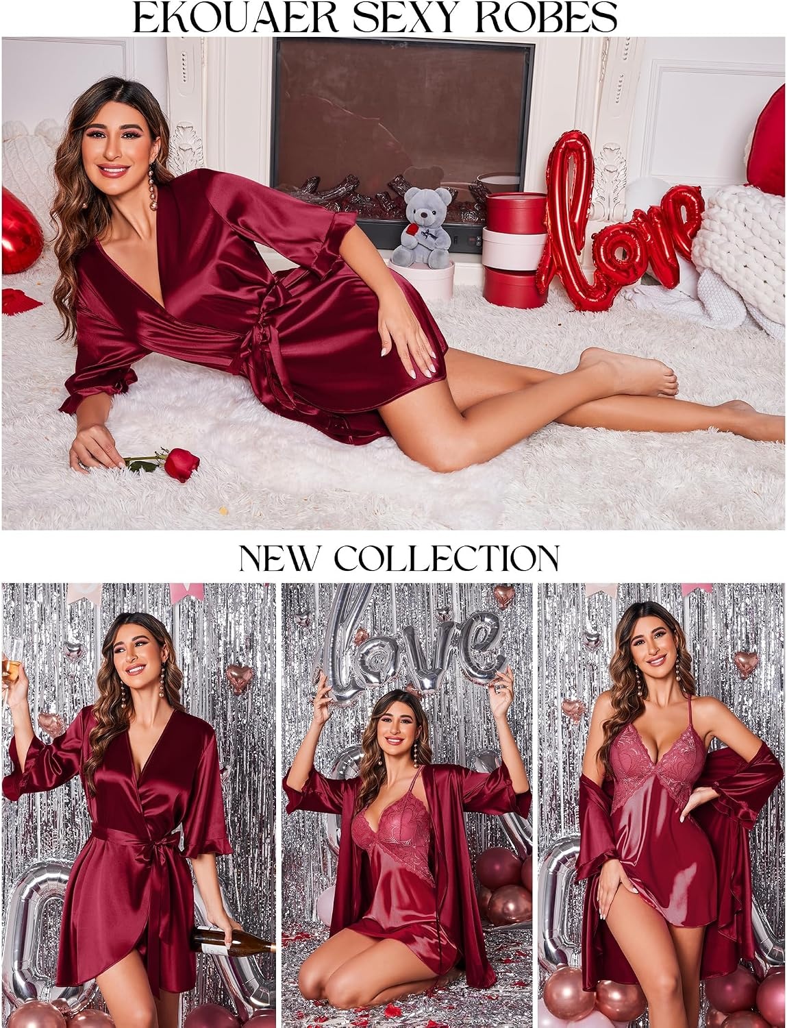 image:imageEkouaer Womens Satin Robe Kimono Bathrobe Short Ruffle Sleeve Silk RobesWine Red1