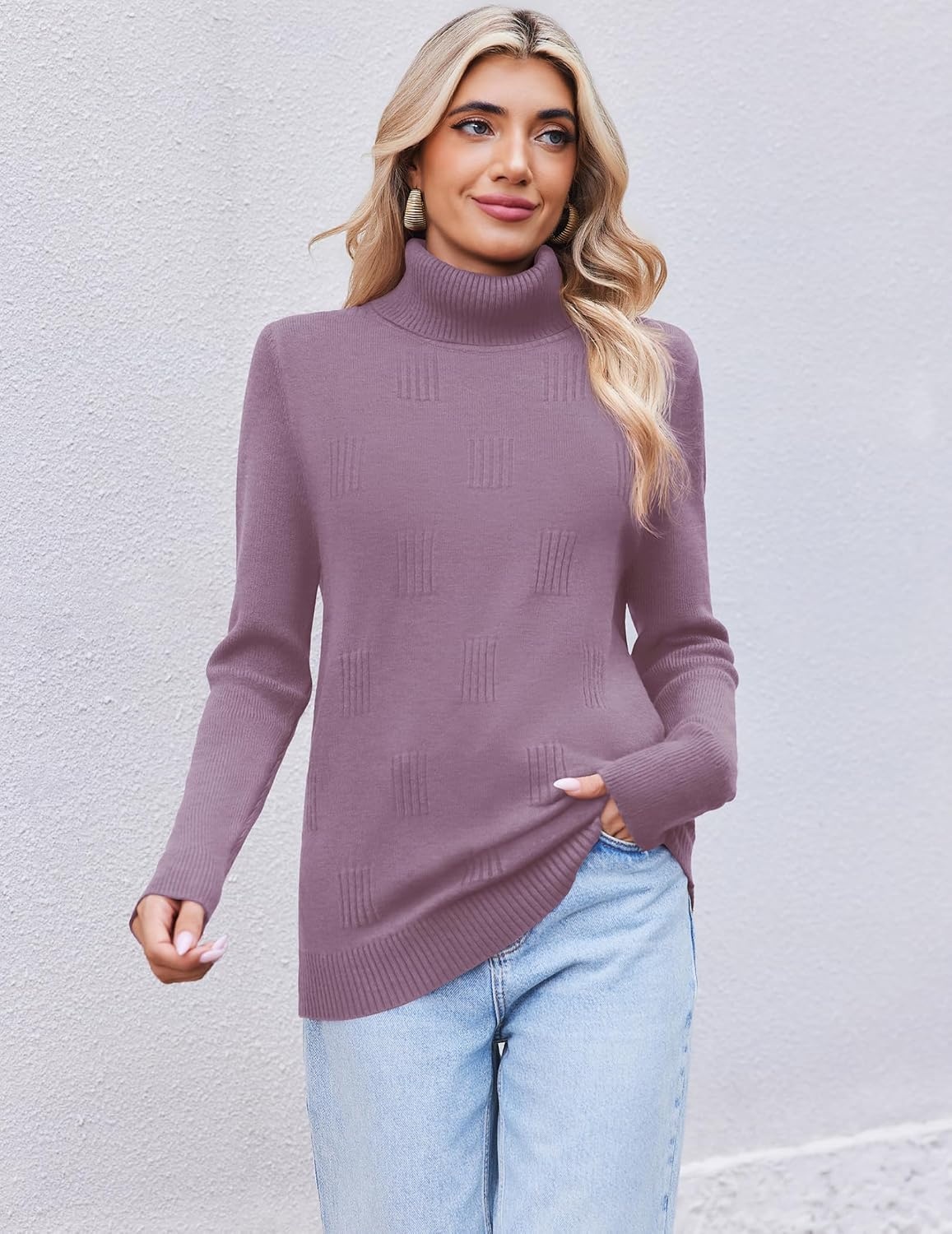 image:imageEkouaer Womens Turtleneck Sweater Long Sleeve 2026 Fall Winter Knitted TopPurple Red