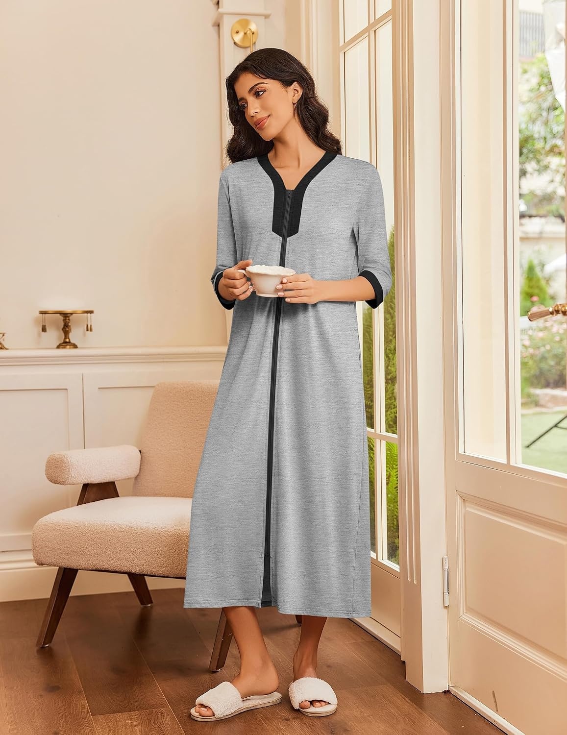 image:imageEkouaer Womens Zipper Robe 34 Sleeves Housecoat Full Length Nightgown