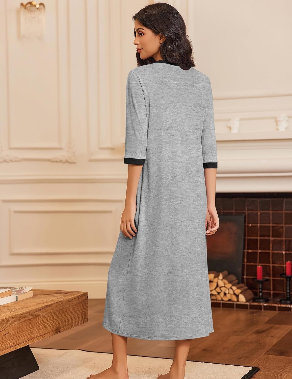 image:imageEkouaer Womens Zipper Robe 34 Sleeves Housecoat Full Length Nightgown
