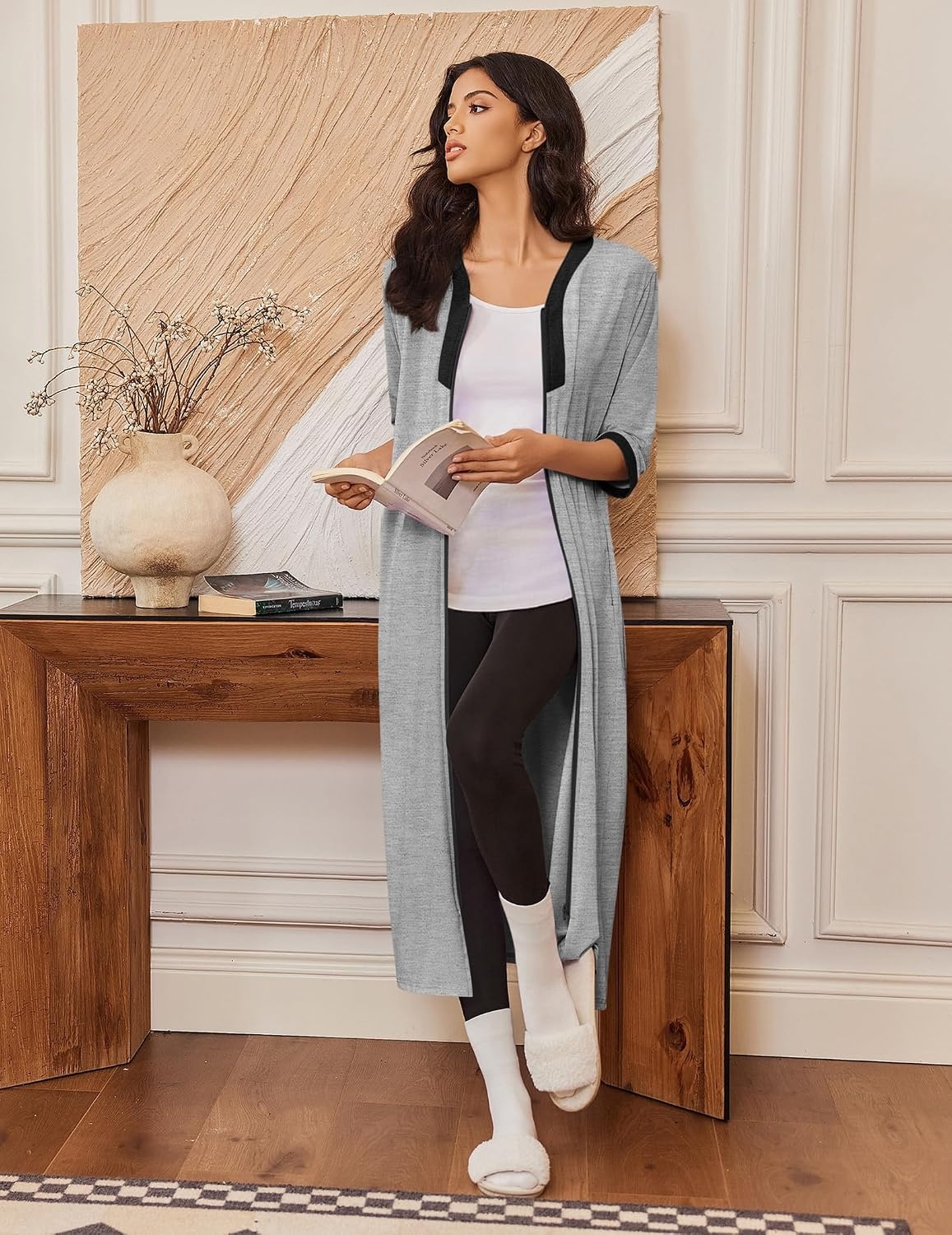image:imageEkouaer Womens Zipper Robe 34 Sleeves Housecoat Full Length Nightgown