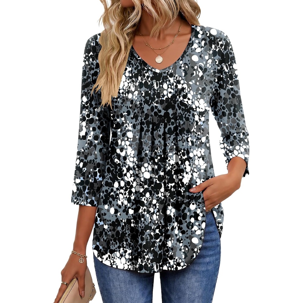 image:imageEkouaer 34 Length Sleeve Womens Tops V Neck Blouses Pleated Casual ShirtsBlack White Dots