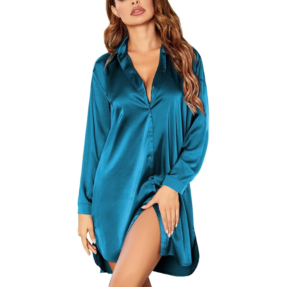 image:imageEkouaer Satin Nightgown for Women Button Down Silk Sleepshirts Sexy V Neck Night Gown Long Sleeve Night Shirts S3XLPeacock Blue