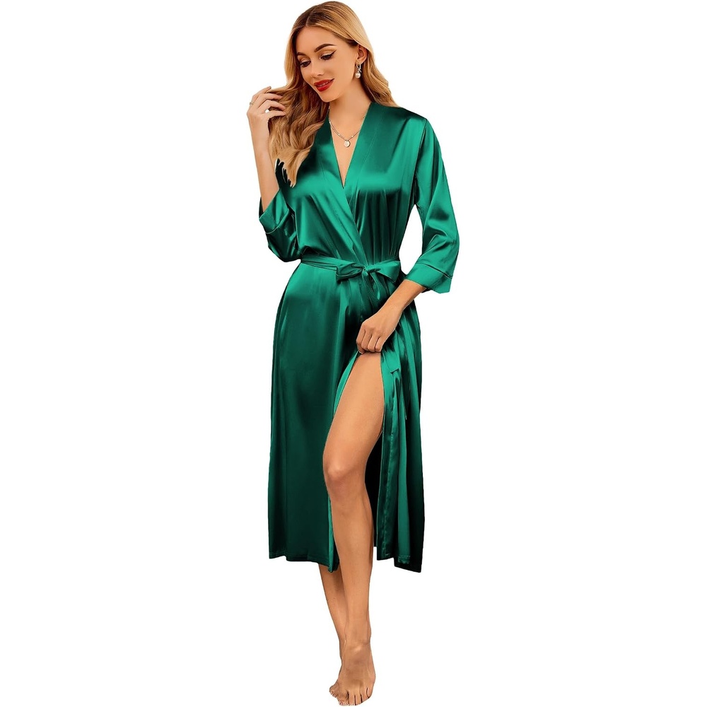 image:imageEkouaer Silk Robes for Women Long Satin Bride Bridesmaid Robe with PocketsGreen