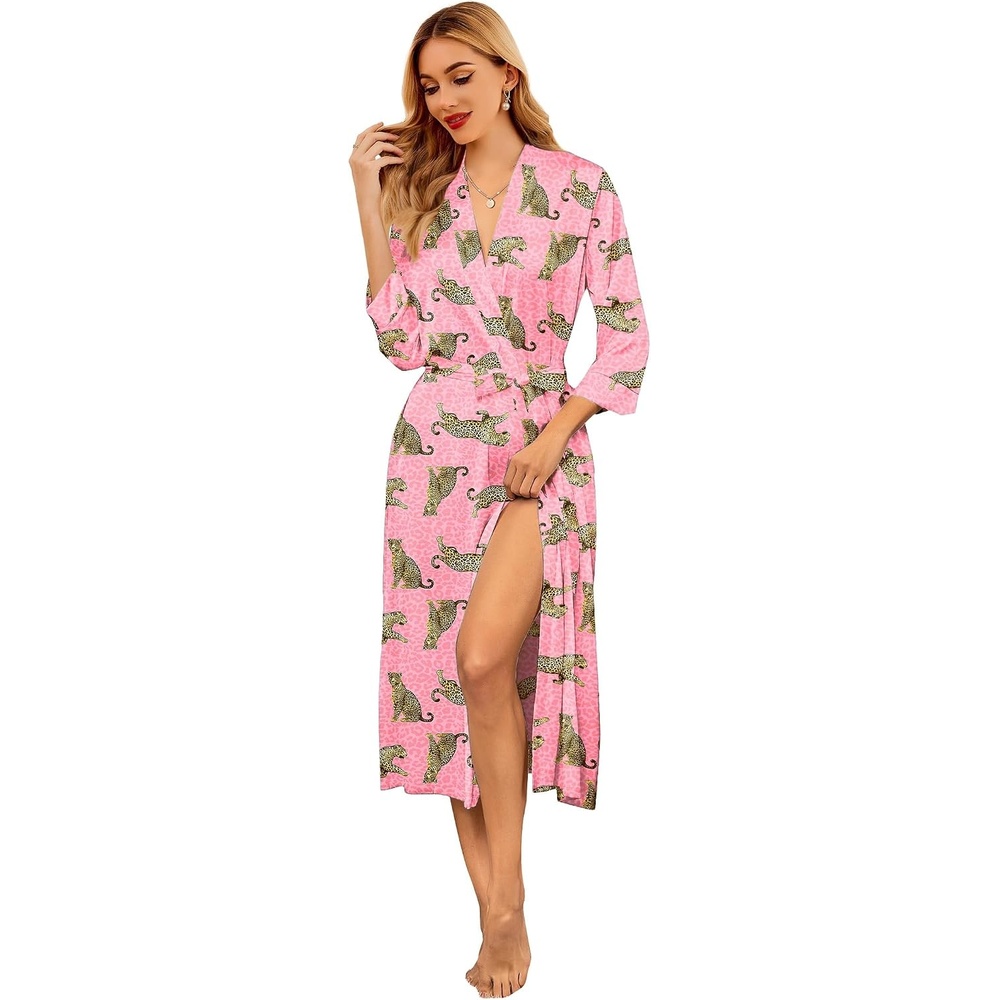 image:imageEkouaer Silk Robes for Women Long Satin Bride Bridesmaid Robe with PocketsPink Leopard