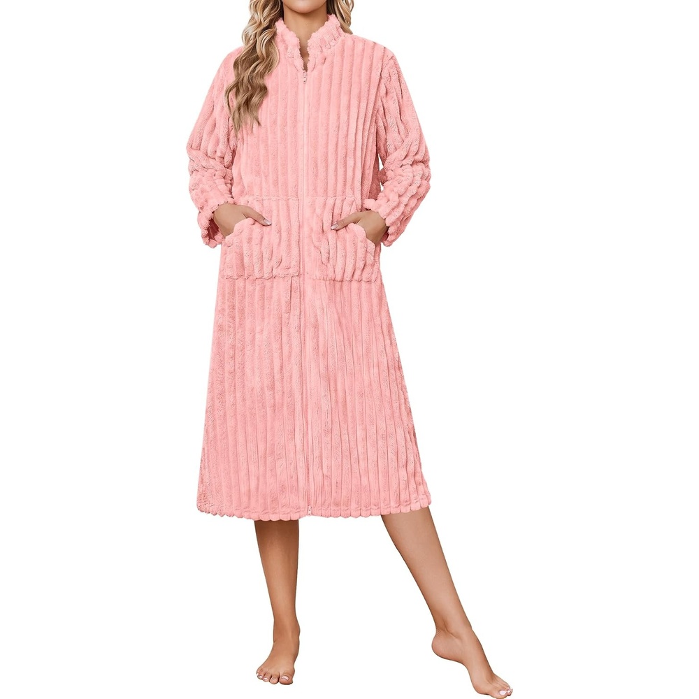 image:imageEkouaer Women Plush Robe Zip Up Bathrobe Fleece Warm Housecoat with PocketsApricot Blush