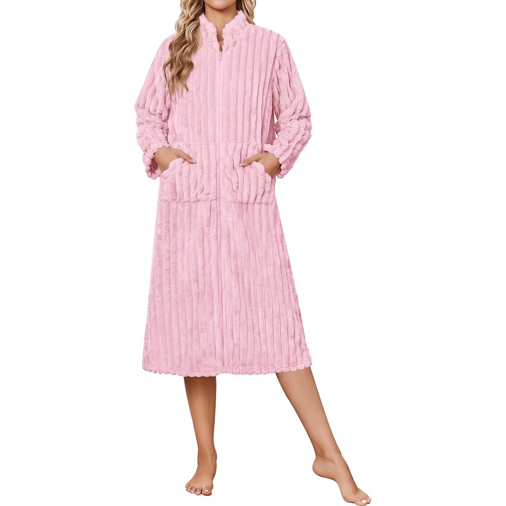 image:imageEkouaer Women Plush Robe Zip Up Bathrobe Fleece Warm Housecoat with PocketsPink