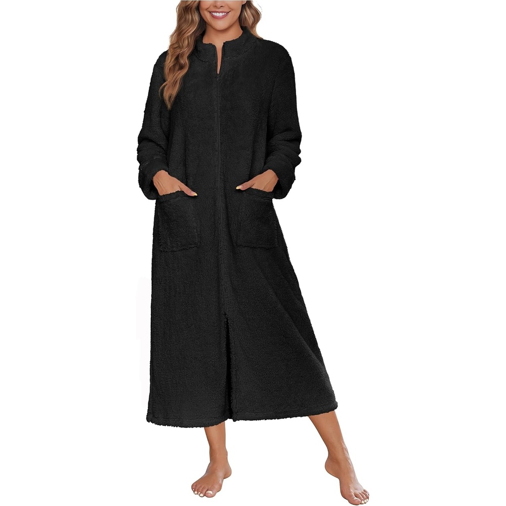 image:imageEkouaer Women Zip Up Robe Fleece Long Sleeves Soft Housecoat with PocketsBlack
