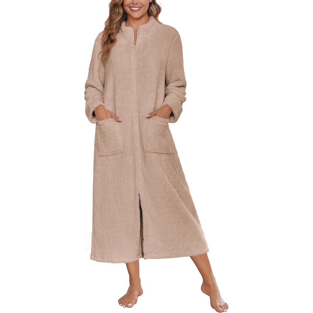 image:imageEkouaer Women Zip Up Robe Fleece Long Sleeves Soft Housecoat with PocketsKhaki