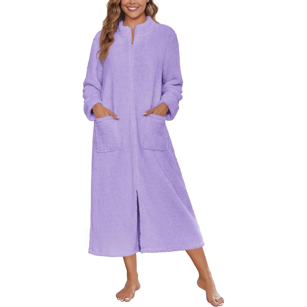 image:imageEkouaer Women Zip Up Robe Fleece Long Sleeves Soft Housecoat with PocketsLavender
