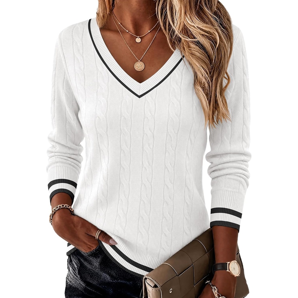 image:imageEkouaer Womens Cable Knit V Neck Sweater Long Sleeve Fall Tops Clothes 2026WhiteBlack